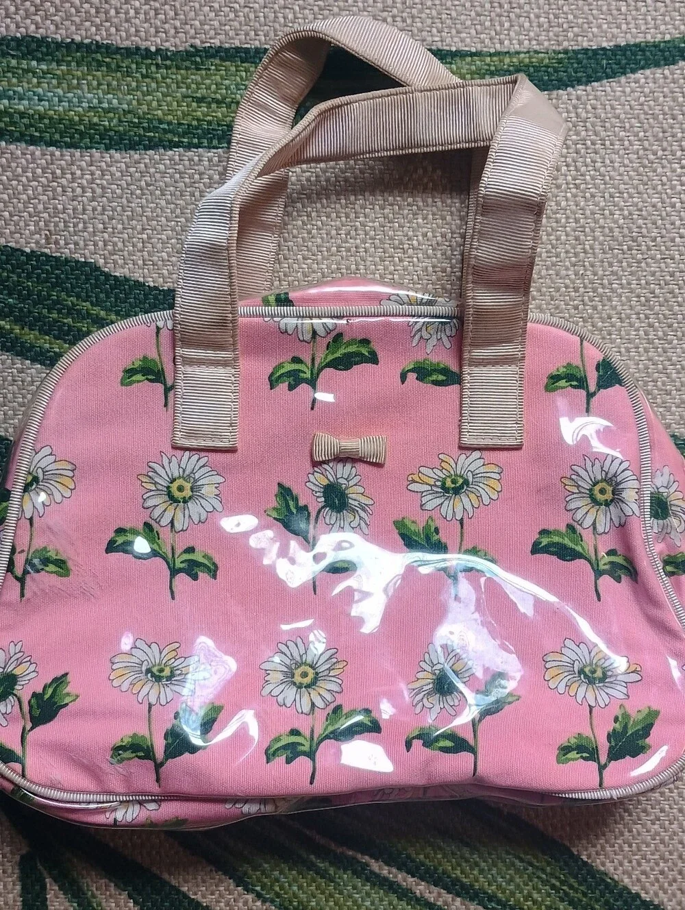 Liz Claiborne Pink Daisy Cosmetic Bag with Beige Handles